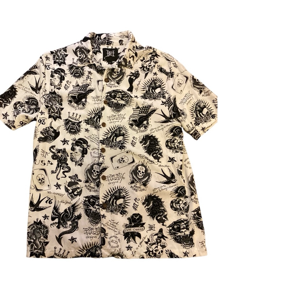 Ed Hardy Black and White Tattoo Collage Button Down Shirt